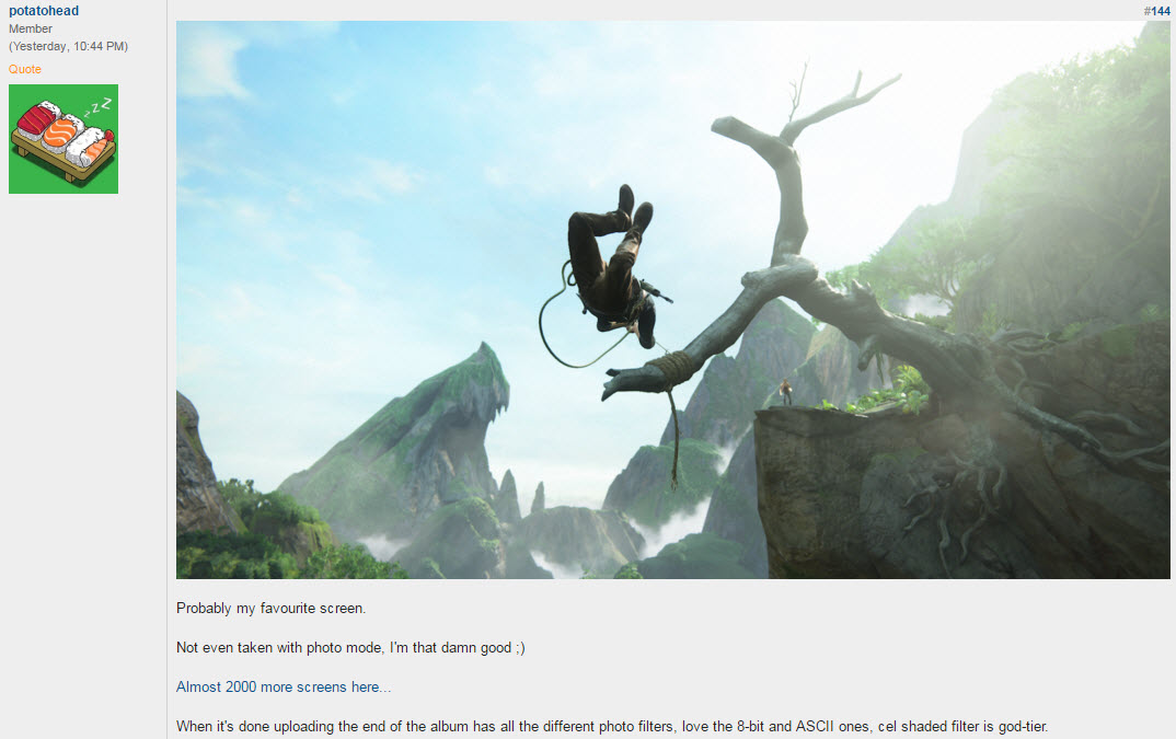 Nathan Drake in mid-air swingin' on a branch